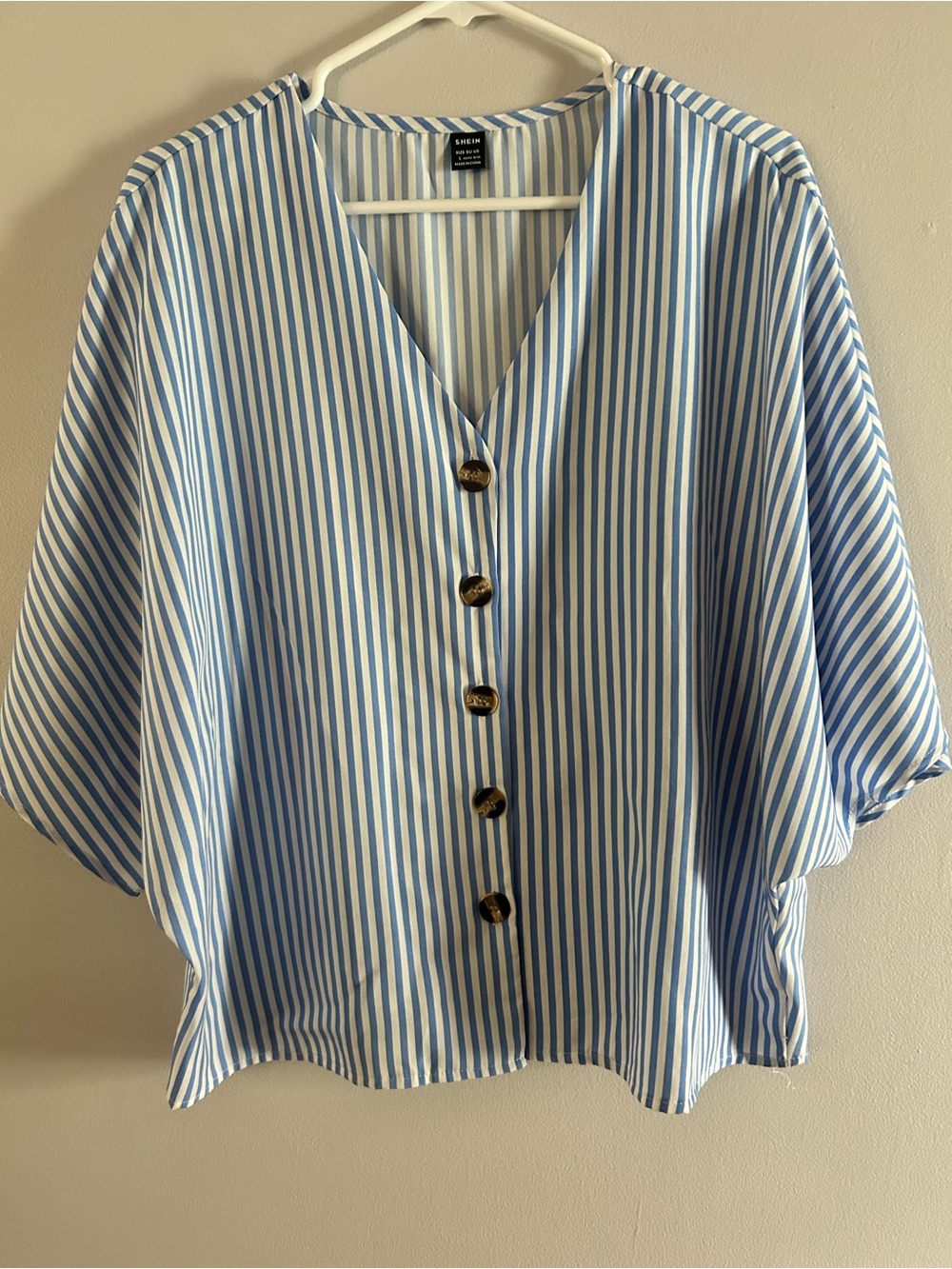 SHEIN Blue & White Vertical Stripe Button-Front Blouse